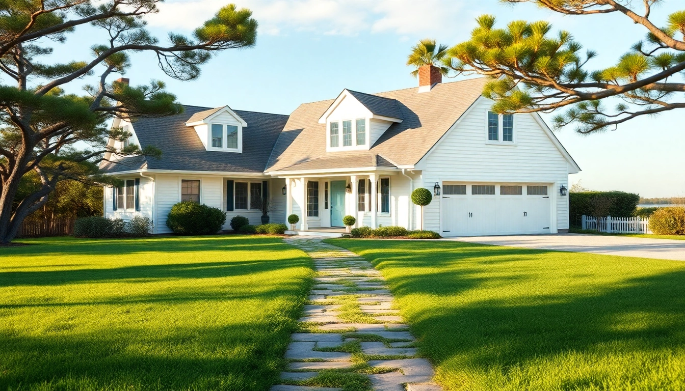 Stunning cape cod home showcasing an elegant design with an attached garage in a coastal setting.
