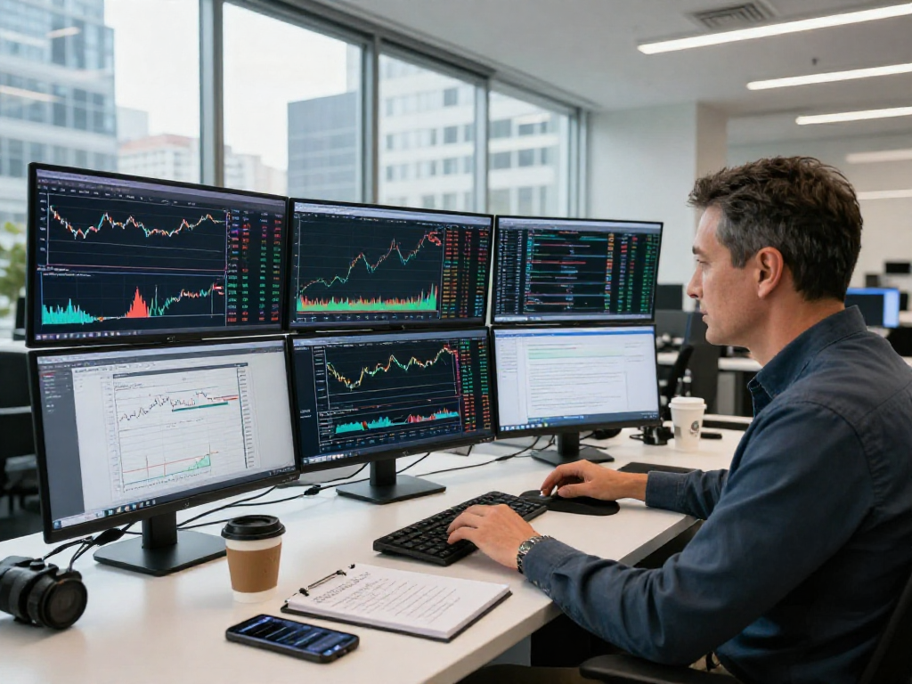 Trader analyzing market trends using TradingView software in a modern office setup.