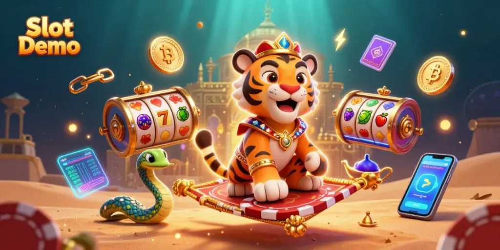 Engage with the captivating Slot Demo as a sultan rides on a poker chip carpet, surrounded by vibrant casino elements.