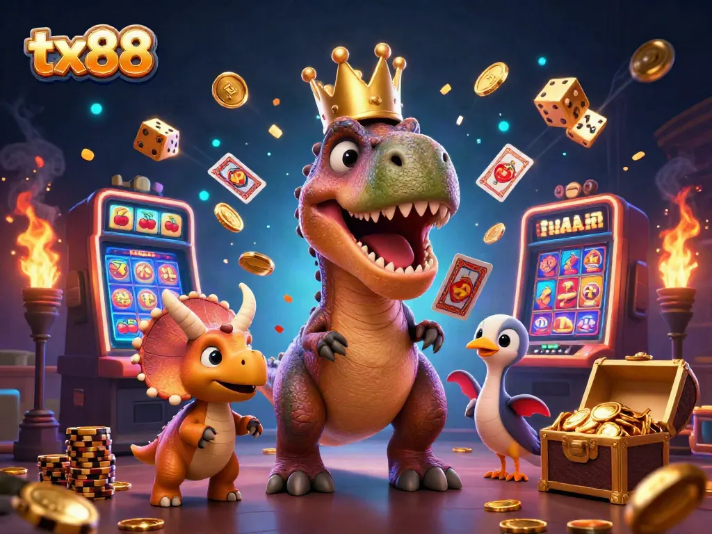 Engage with tx88's vibrant gaming scene featuring cartoon dinosaurs amidst a jackpot explosion and classic casino elements.