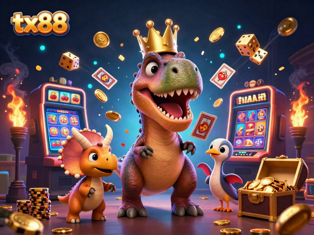 Engage with tx88's vibrant gaming scene featuring cartoon dinosaurs amidst a jackpot explosion and classic casino elements.