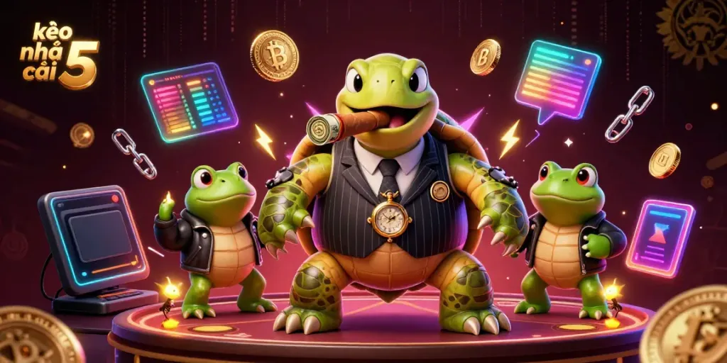 Experience the vibrant kèo nhà cái 5 scene with a massive snapping turtle mobster and bullfrog enforcers in a dynamic casino atmosphere.