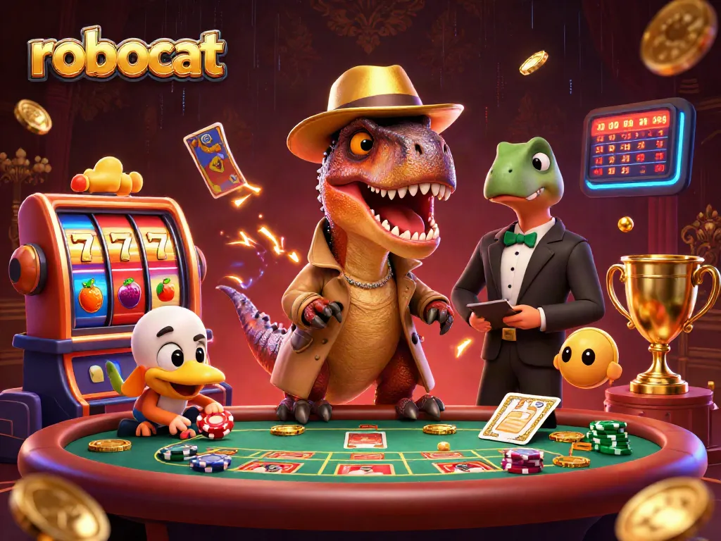 Engage players with robocat slots featuring a velociraptor at the blackjack table amidst vibrant casino action.