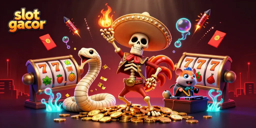 Experience slot gacor excitement with vibrant characters celebrating wins amidst spinning slot reels and golden coins.