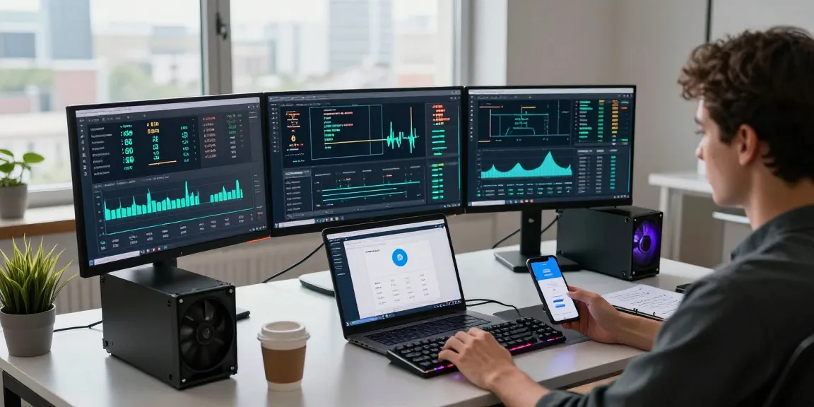 Bitcoin mining online setup showcasing modern cryptocurrency mining statistics, digital wallet balance, and advanced mining rigs in a professional home office.