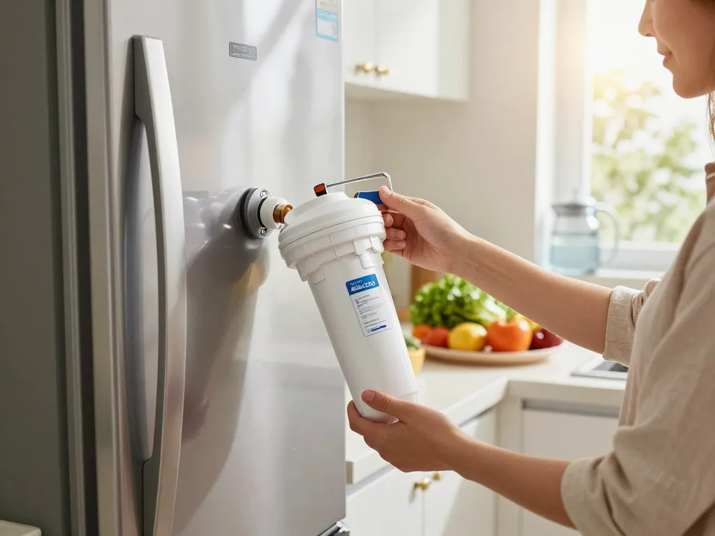 AQUA CREST DA29-00003G Refrigerator Water Filter replacement being installed in a modern kitchen.