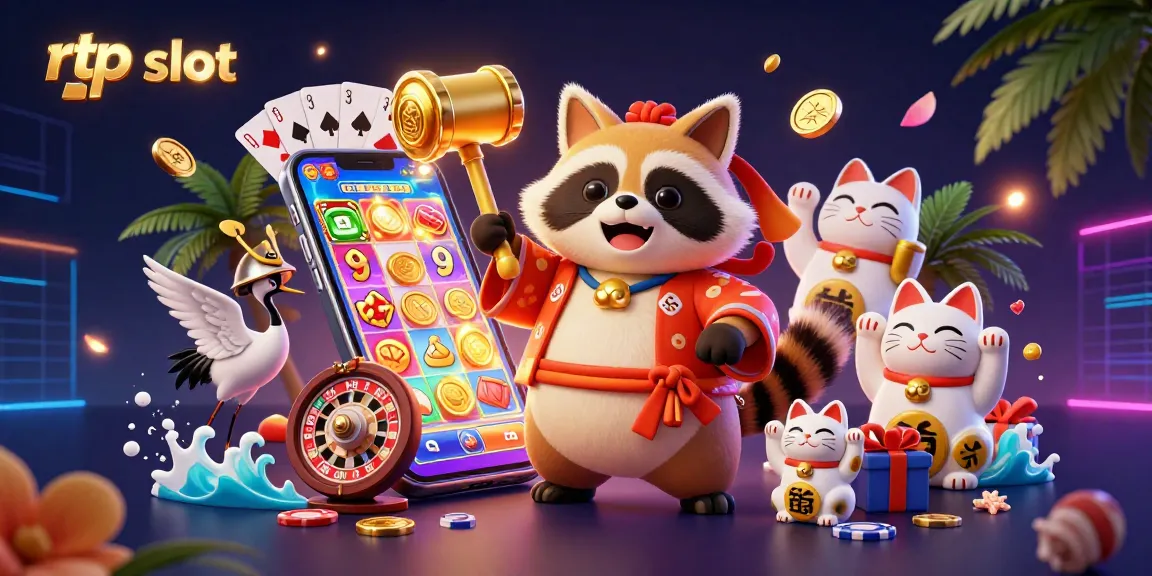 Experience the rtp slot thrill with maneki-neko and a tanuki in a vibrant casino scene.