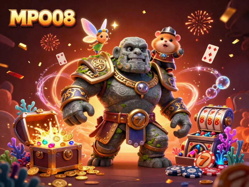 Experience the excitement of MPO08 with a vibrant 3D casino scene featuring magical characters and treasure.