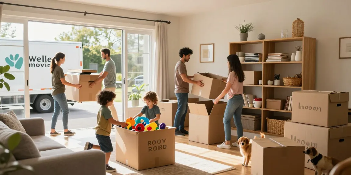 Family enjoying stress-free relocation with wellen moving services in their cozy new living room.