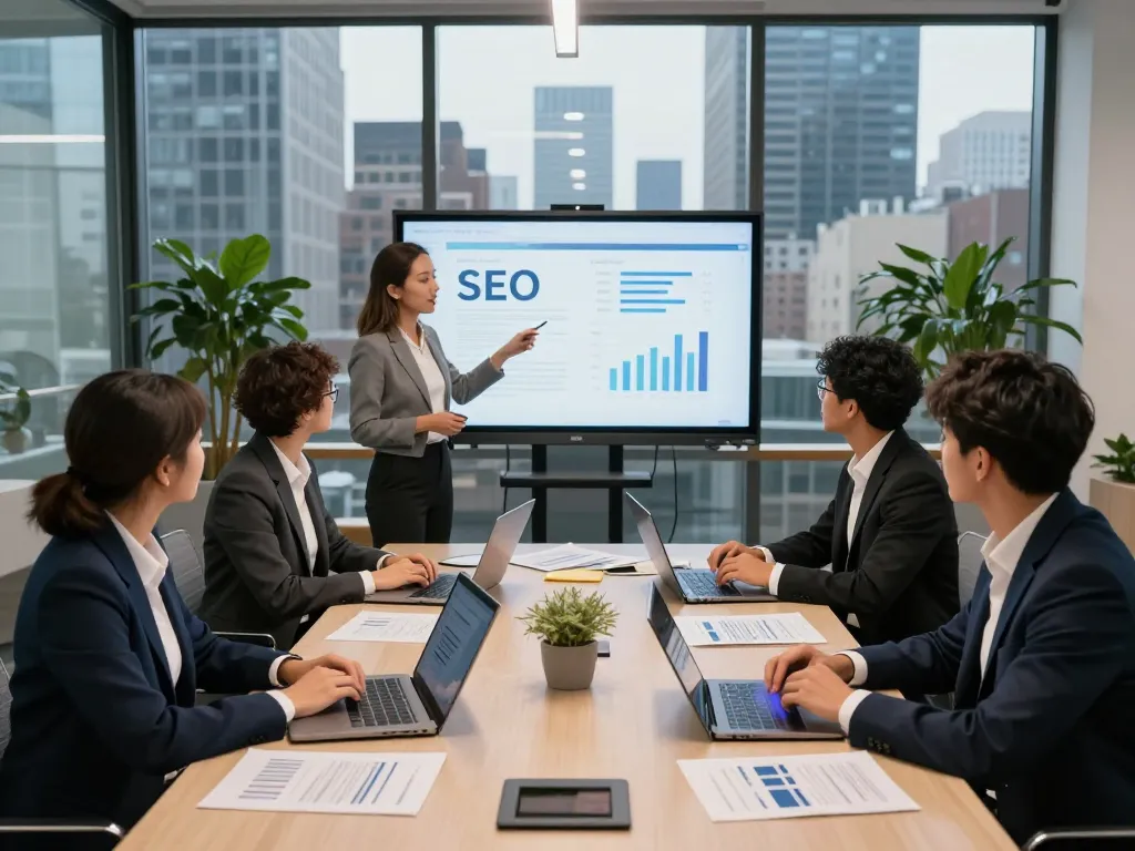 Collaboration scene with NYC SEO Company professionals strategizing around a conference table in a modern office setting.