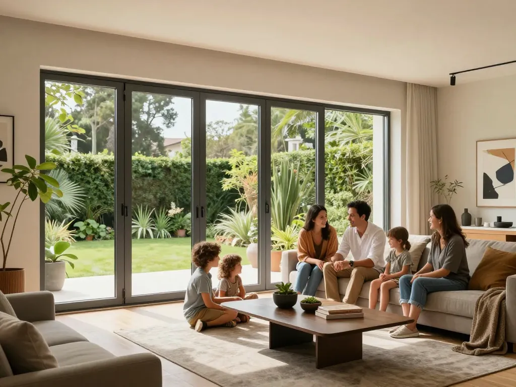 Modernes Wohnzimmer mit fenster Schüco, in dem eine Familie helles Sonnenlicht durch elegante Aluminiumfenster genießt.