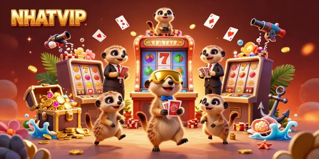 Experience winning moments with NHATVIP's vibrant meerkat casino illustration showcasing slots and treasure.