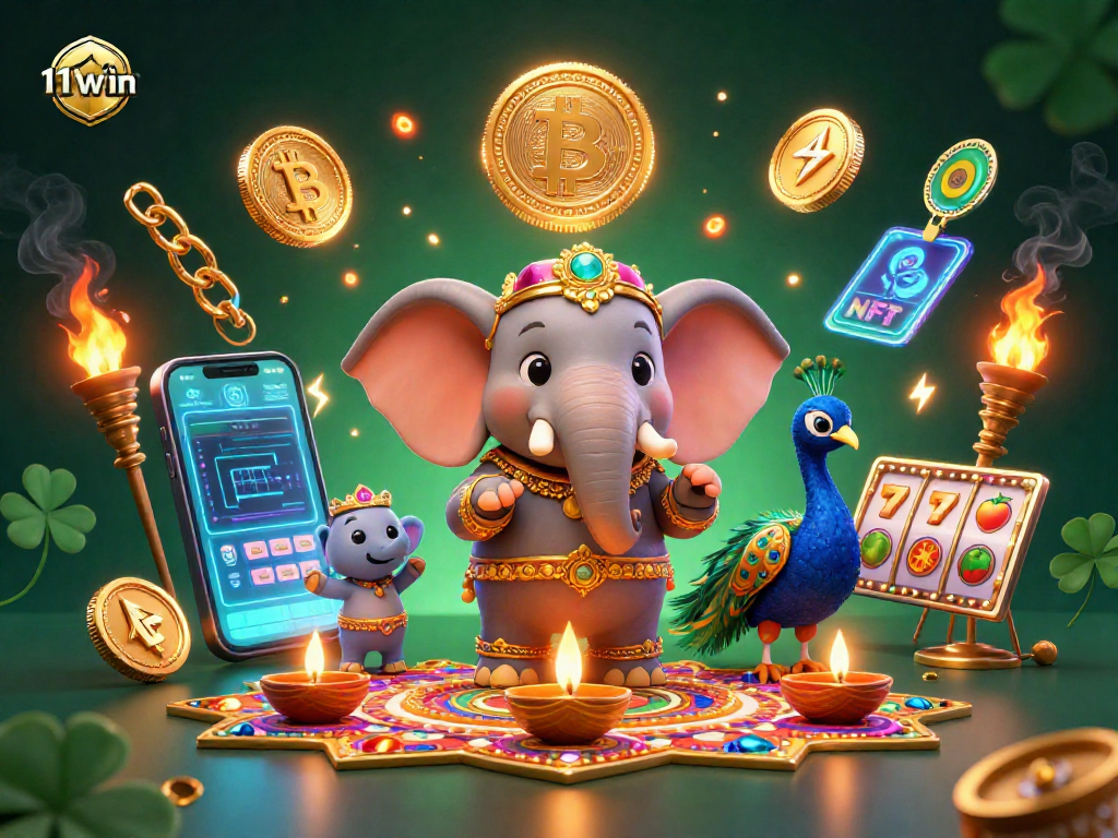 Experience the vibrant world of 11win with a Diwali-themed casino illustration featuring crypto coins.