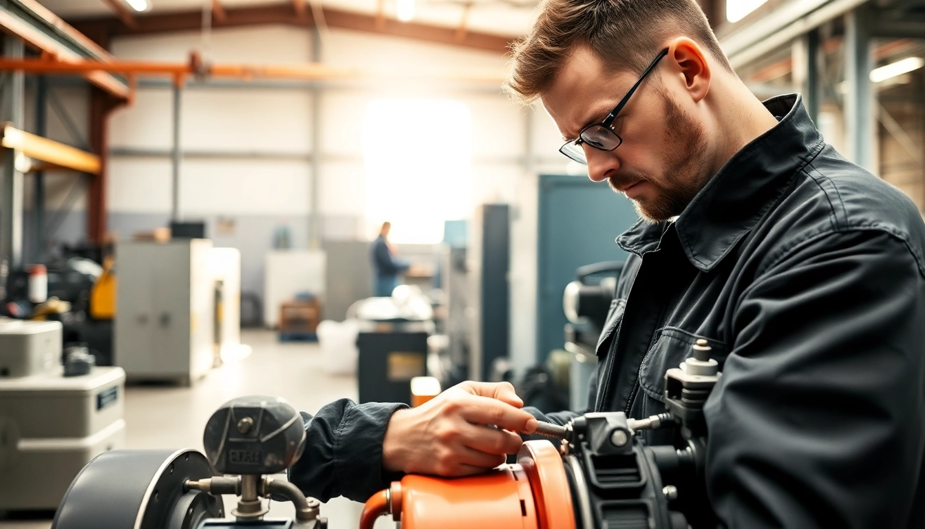 Technician providing mobile hydraulic services in a professional setting, showcasing tools and hydraulic equipment.