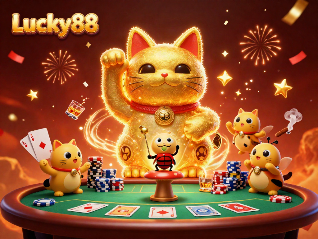 Engage in thrilling gameplay with Lucky88 featuring a stunning golden lucky cat and dynamic casino elements.
