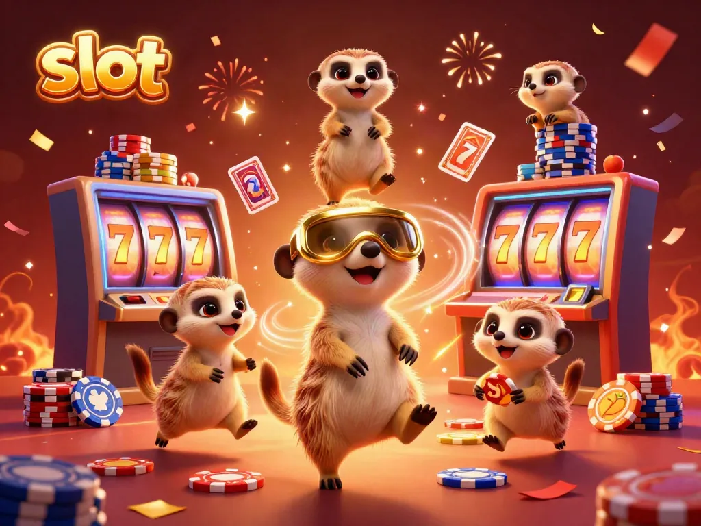 Children's cartoon meerkats engaging in a lively slot casino scene with bright slot reels and confetti.