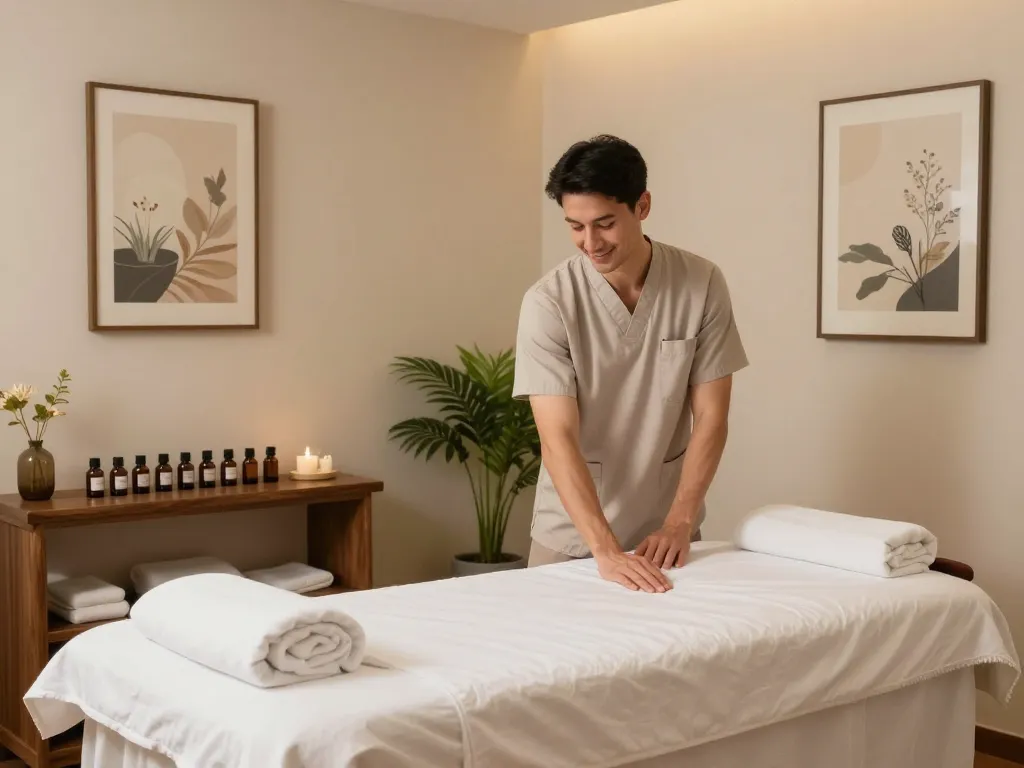 Relaxation space showcasing 포항스웨디시 massage setup with calming ambiance, massage therapist preparing for client.