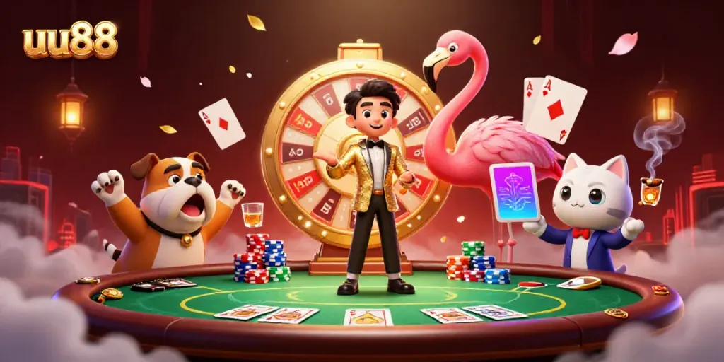 Experience excitement at uu88 with a flamingo game show host and vibrant casino scene.