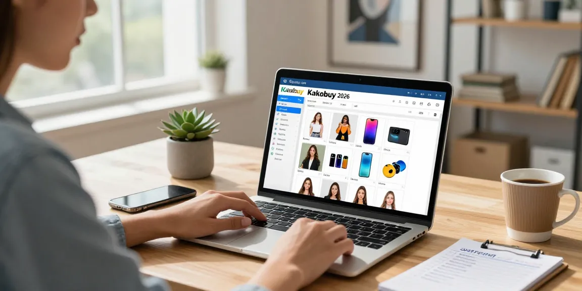 Kakobuy spreadsheet 2026 on a laptop, showcasing vibrant products in a modern workspace