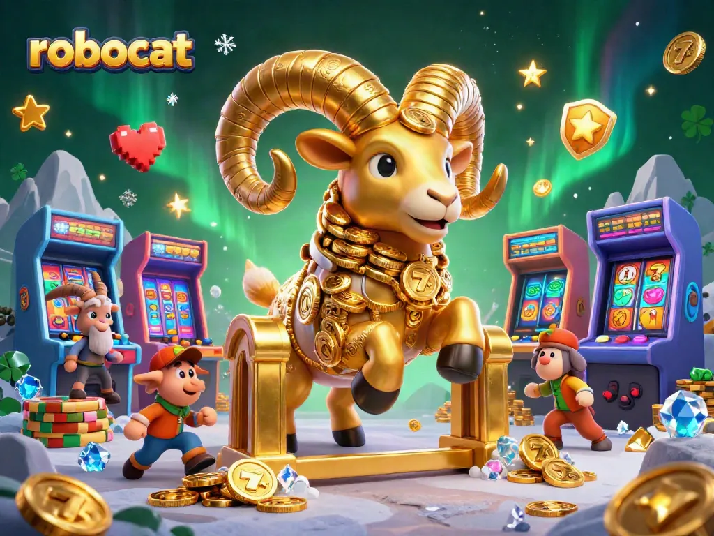 Engage with robocat gameplay featuring a golden ram in a casino. Slots and vibrant gaming elements surround it.