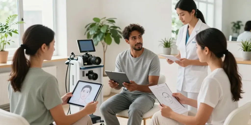 Individuals exploring Alternatives to QOVES with aesthetics specialists in a modern wellness studio.