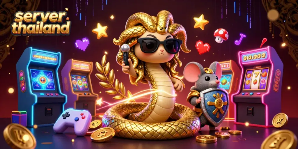Engage players with the server thailand-themed casino visuals, showcasing playful Medusa and gaming excitement.