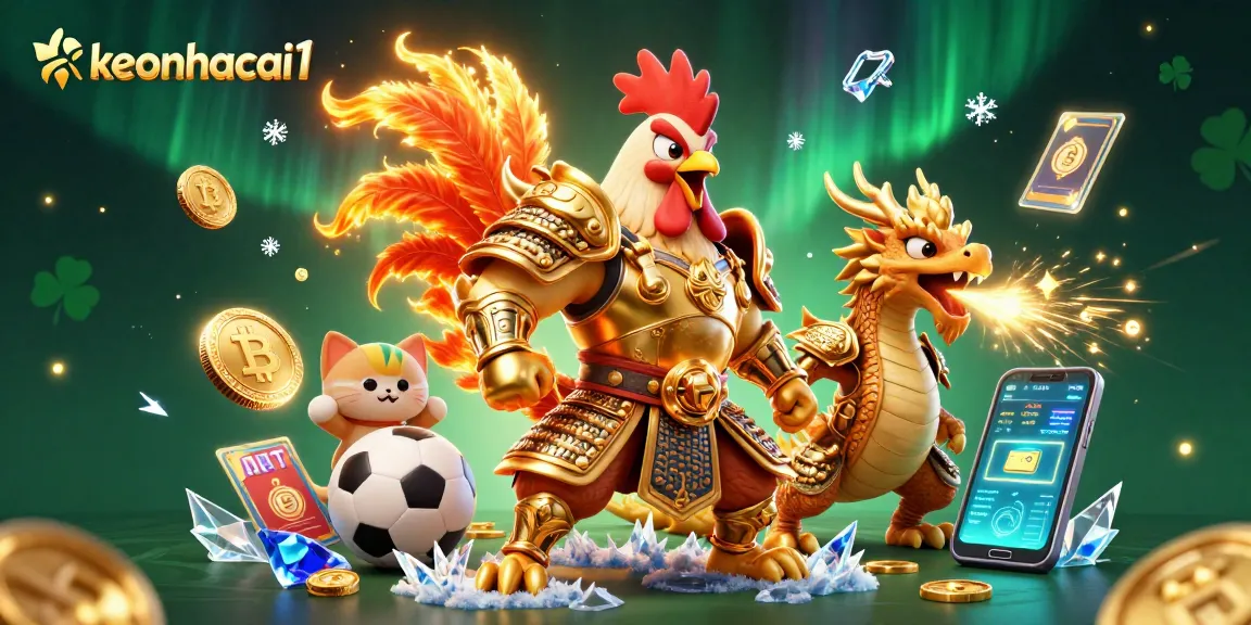 Place bets with keonhacai1 featuring a fighting rooster in samurai armor and a dragon hatchling, powered by cryptocurrency.