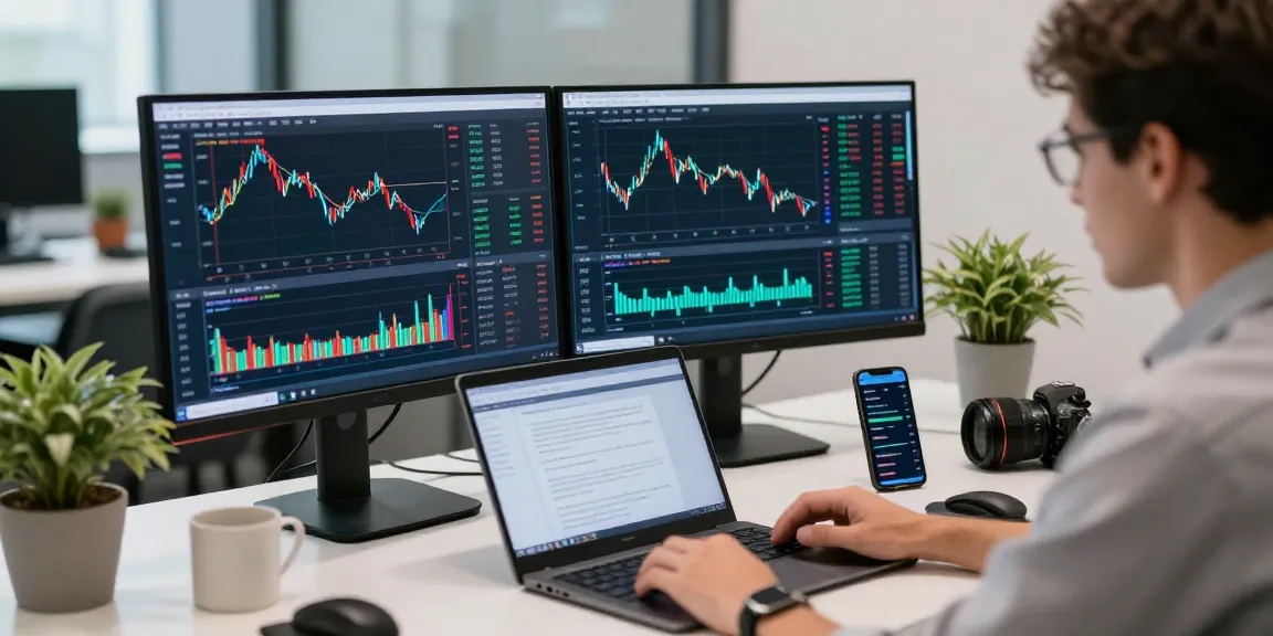 Trader using MetaTrader 4 software in a modern office environment with multiple screens.