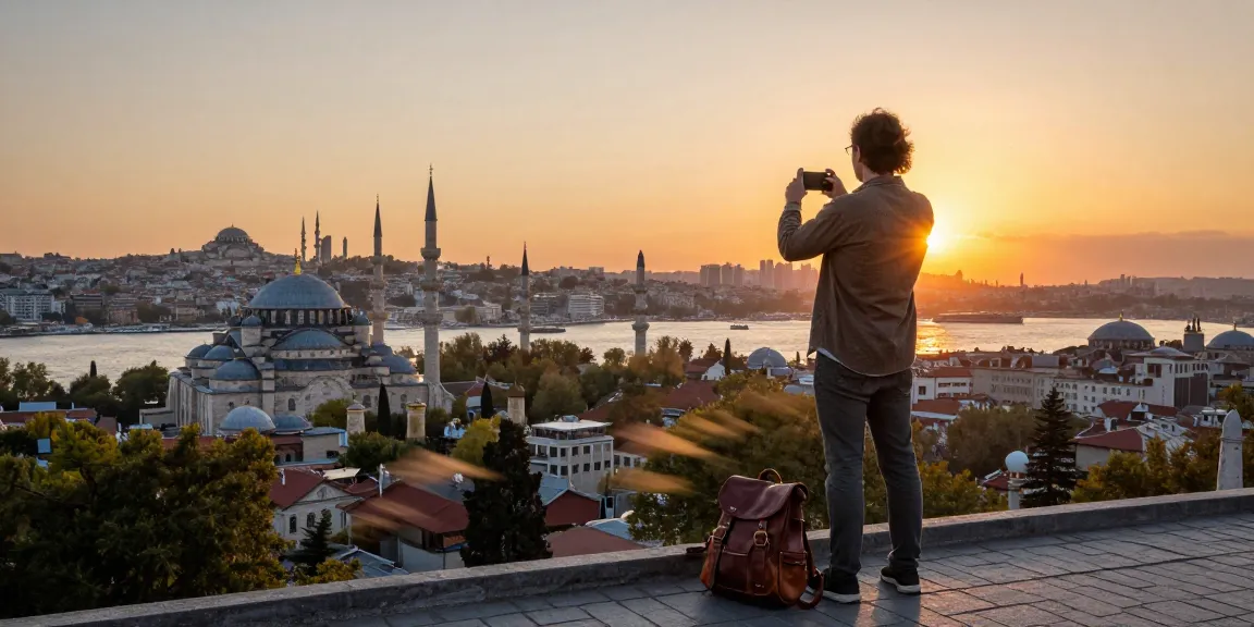 This page captures a traveler admiring Istanbul's skyline during sunset, with iconic landmarks in view and a warm atmosphere.