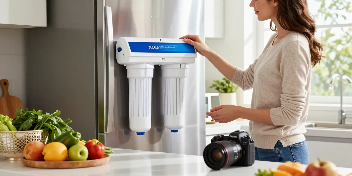 Woman replacing the Maxblue DA29-00020B Refrigerator Water Filter in a modern kitchen, surrounded by fresh produce.