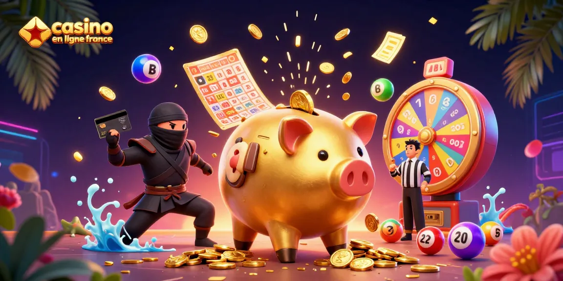 Jouer au casino en ligne France avec un sumo en or, des boules de loterie, et une ambiance festive.