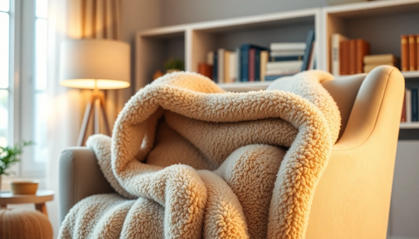 Fleece dekentje comfortabel over een moderne stoel in een warme kamer.