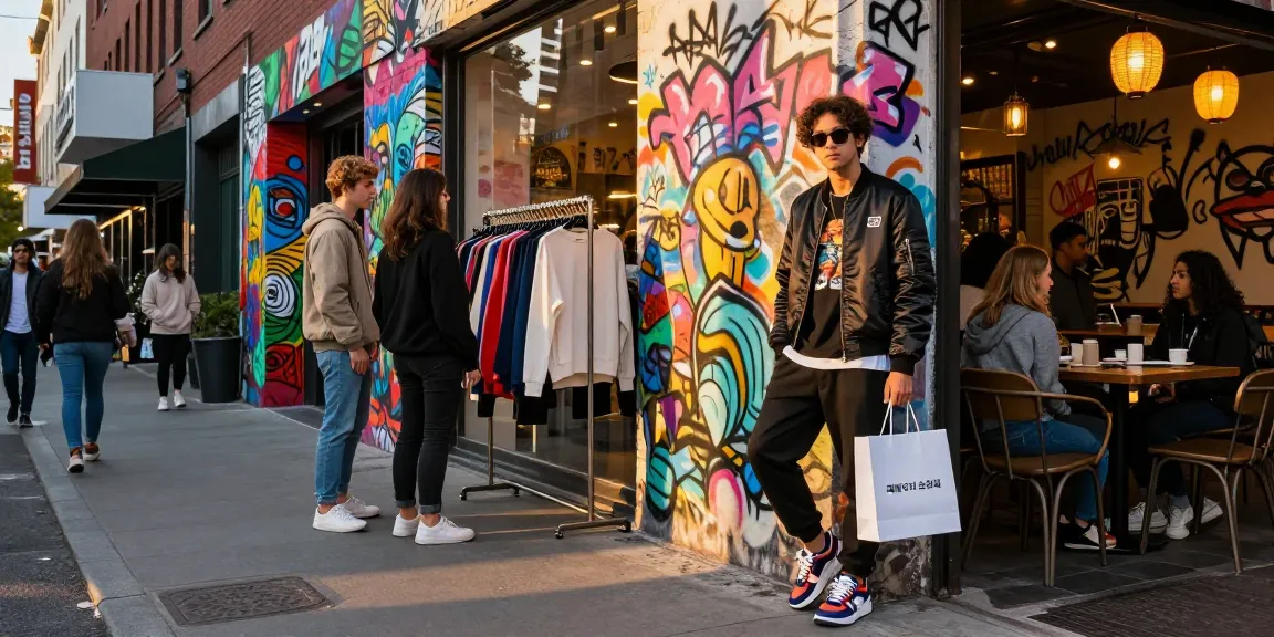 Urban fashion scene featuring a model in trendy streetwear, shopping from a 레플리카 쇼핑몰 amidst vibrant graffiti.