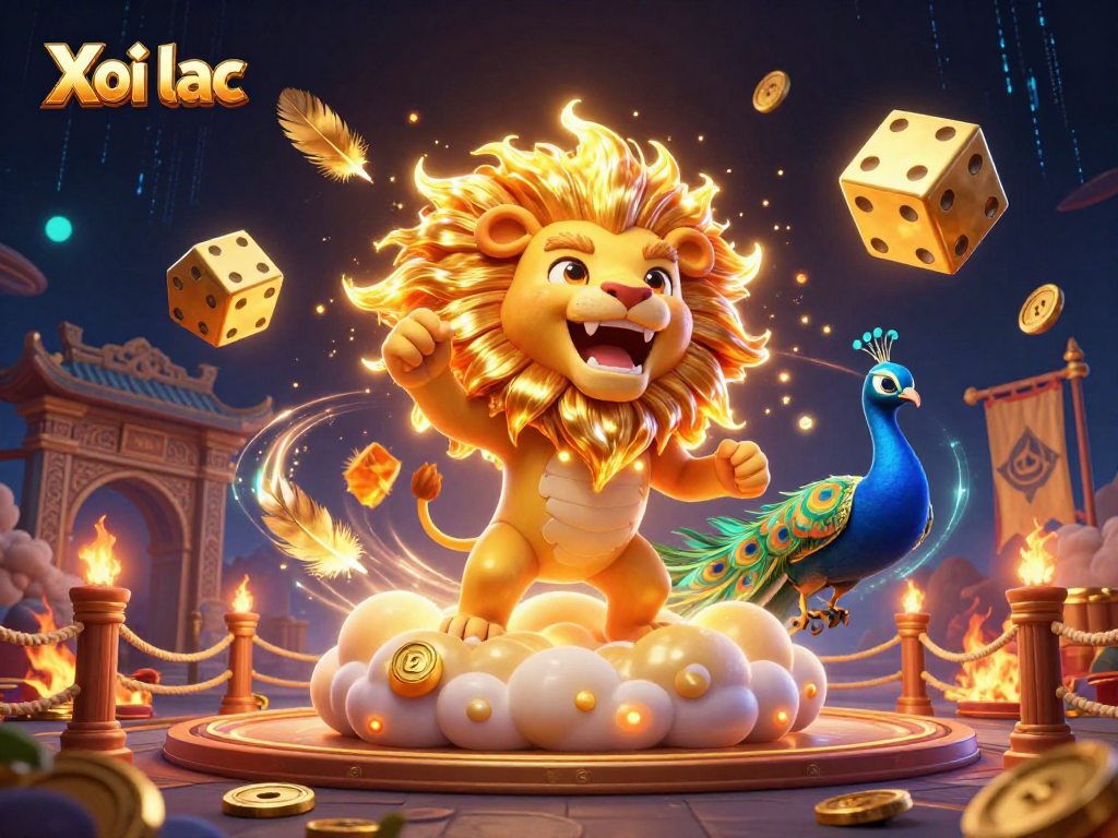 Xoi lac features a triumphant lion, golden dice, and vibrant casino elements in a dramatic illustration.