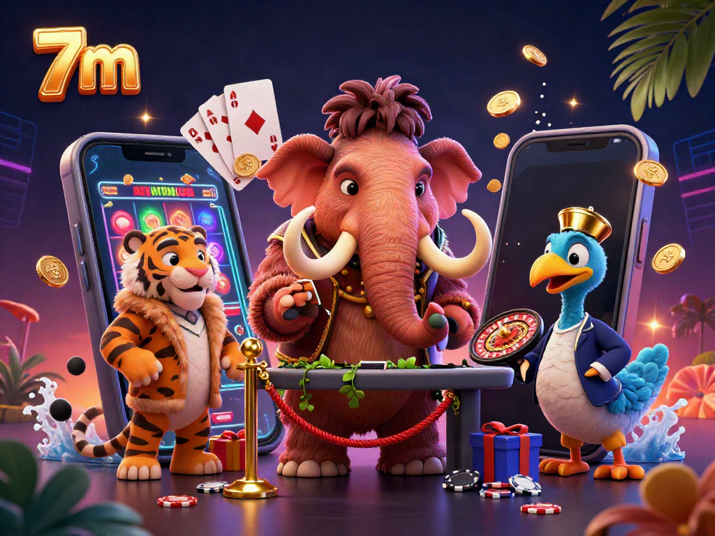 Experience the excitement of 7m with a vibrant casino scene featuring fun characters and engaging games.