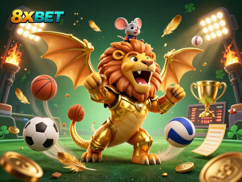 Experience the thrilling 8XBET casino with a chimera creature and dynamic sports action.