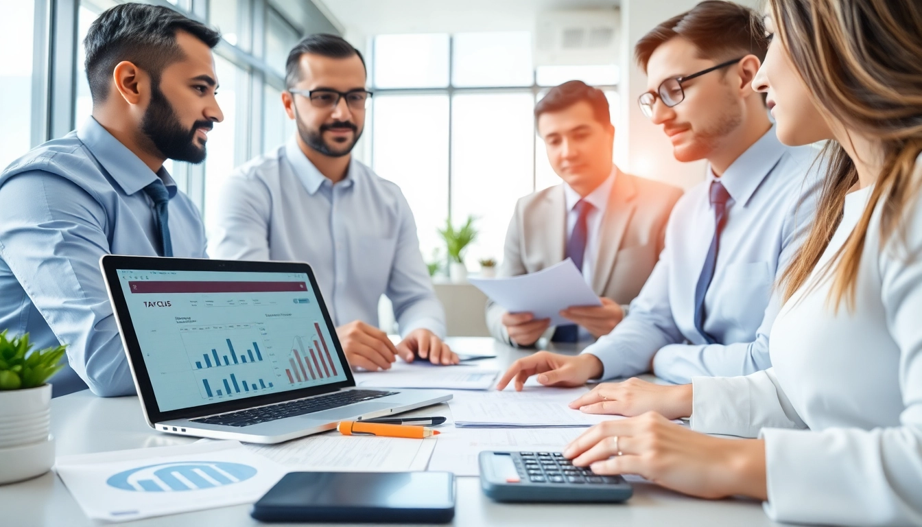 Corporate Tax Return Filing in UAE with professionals in a modern office discussing tax documents and software.