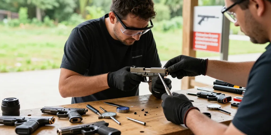 Customizing Glock slides at https://precisionglockslides.com in a detailed outdoor shooting range setup with tools and models.
