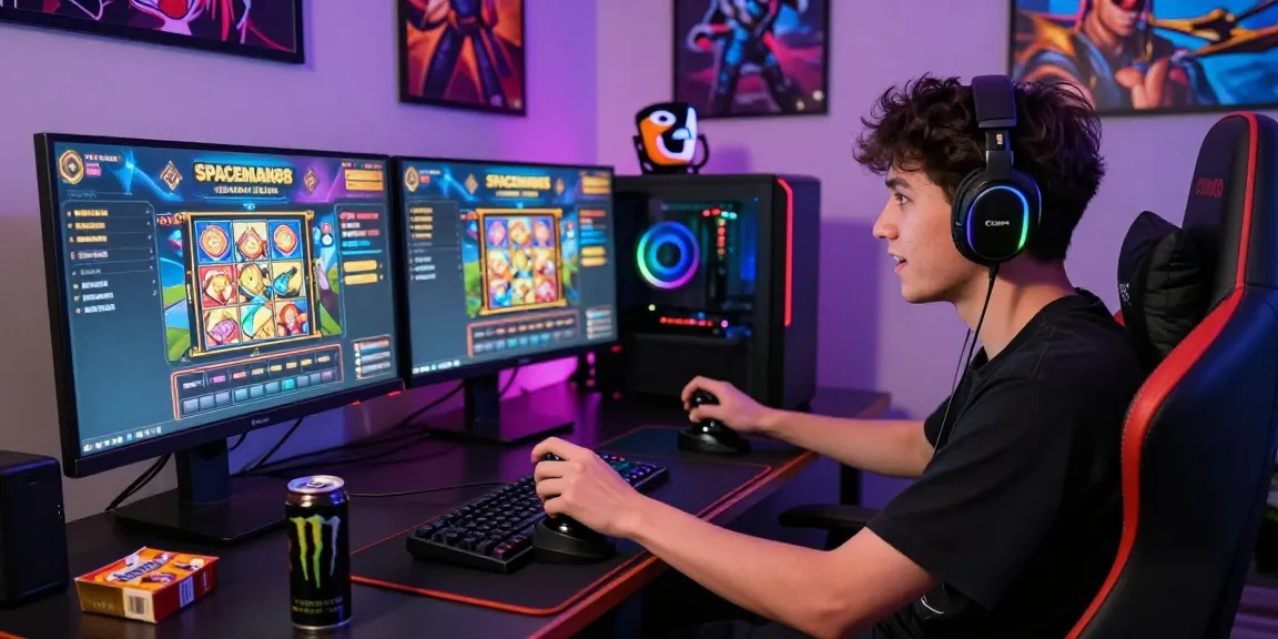 Player engaging with SPACEMAN88 slot game in a vibrant gaming setup, showcasing excitement and high-performance gear.