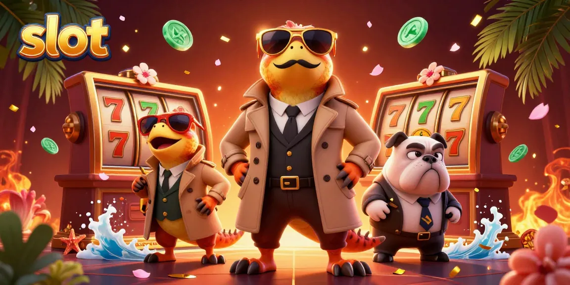 Spin to win on exciting slot games with lively raptors and a suspicious bouncer in this vibrant casino scene.