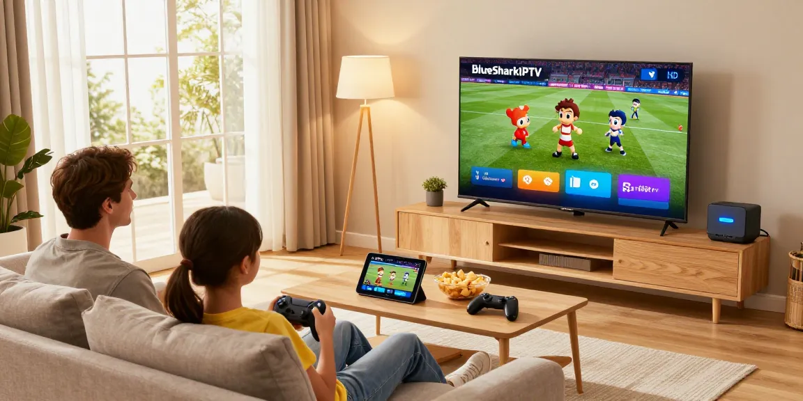 Family enjoying BlueSharkIPTV in a cozy living room with live sports and animated movies streaming.