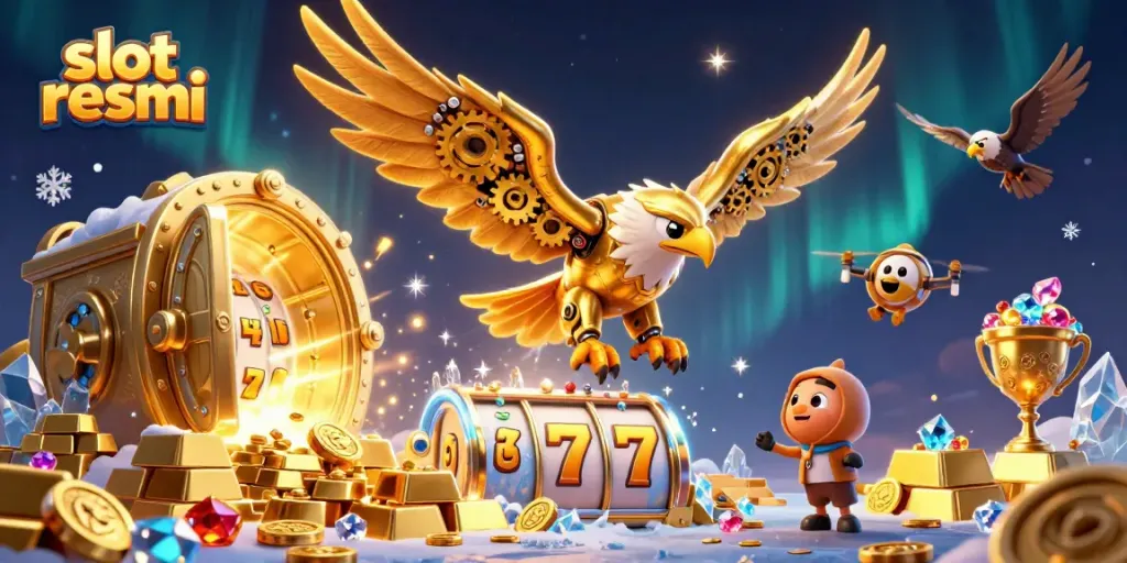 Experience the excitement of slot resmi gaming with a cybernetic eagle surrounded by vivid casino elements.