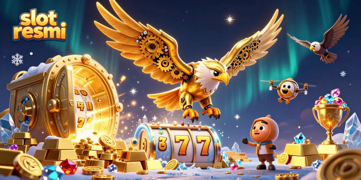 Experience the excitement of slot resmi gaming with a cybernetic eagle surrounded by vivid casino elements.