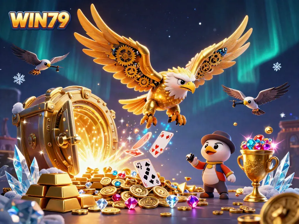 WIN79 casino promotions illustrated with a golden eagle soaring through holographic cards