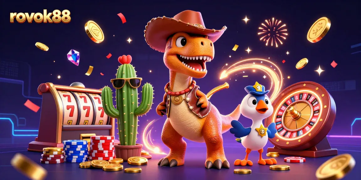 Experience the thrill of rokok88 with a vibrant 3D casino scene showcasing wins and slot action.