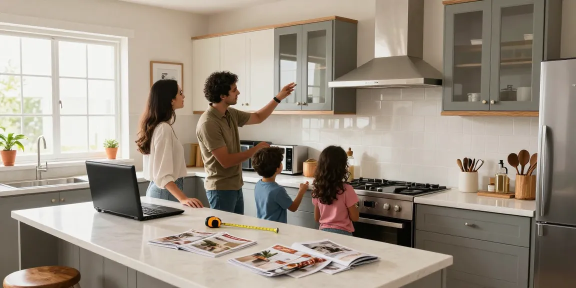 شراء مطابخ مستعملة بالرياض with a family exploring pre-owned kitchen options in a bright, modern setting.