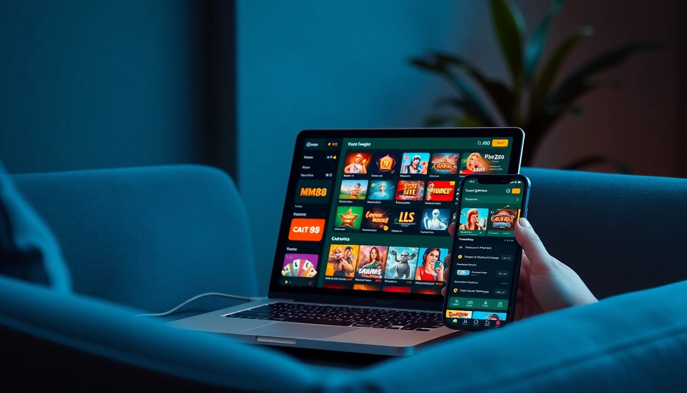 MM88 online gambling interface on laptop and smartphone showcasing user-friendly navigation and vibrant games.