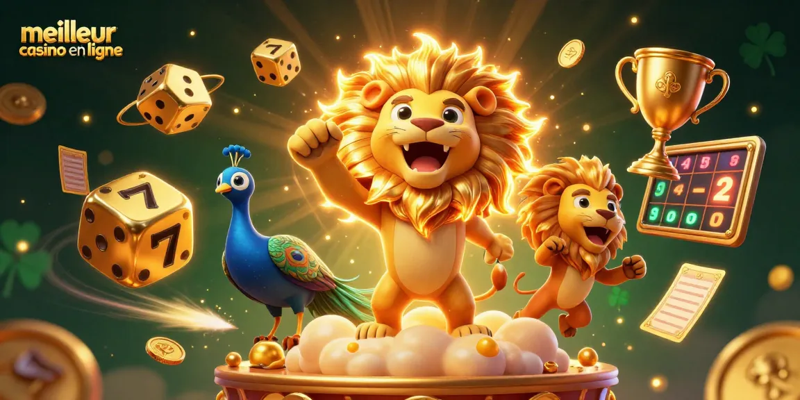 Jouer sur le meilleur casino en ligne avec un lion 3D entouré de dés et de machines à sous.