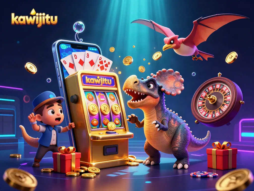 Kawijitu mengubah jackpot dengan dinosaurus lucu dan manajer kasino panik, penuh dengan koin emas.