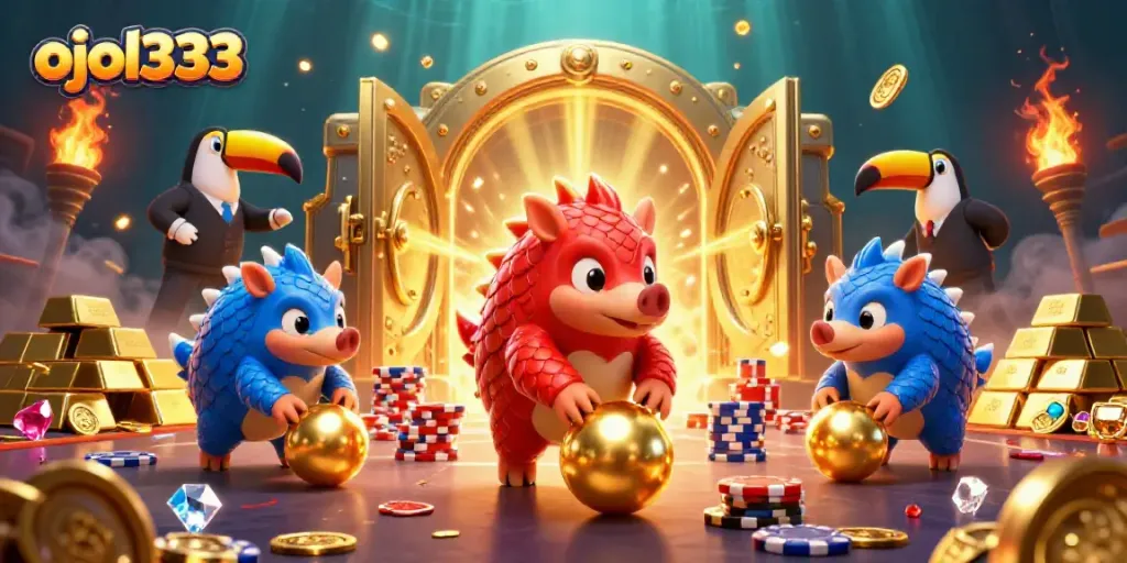 Experience thrilling action with ojol333 as colorful pangolins roll through poker chips in a lively casino scene.